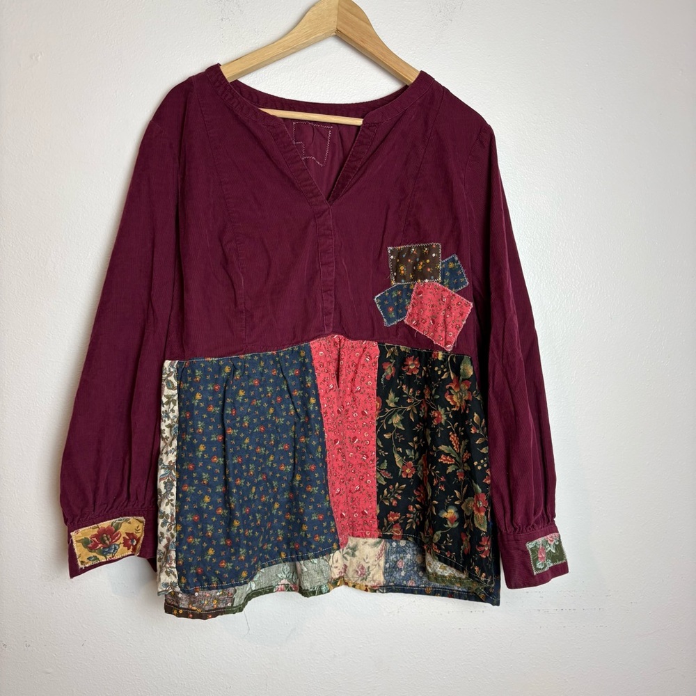Homemade Floral Patchwork Quieted Corduroy Burgundy Top‎ Cottage Size Large